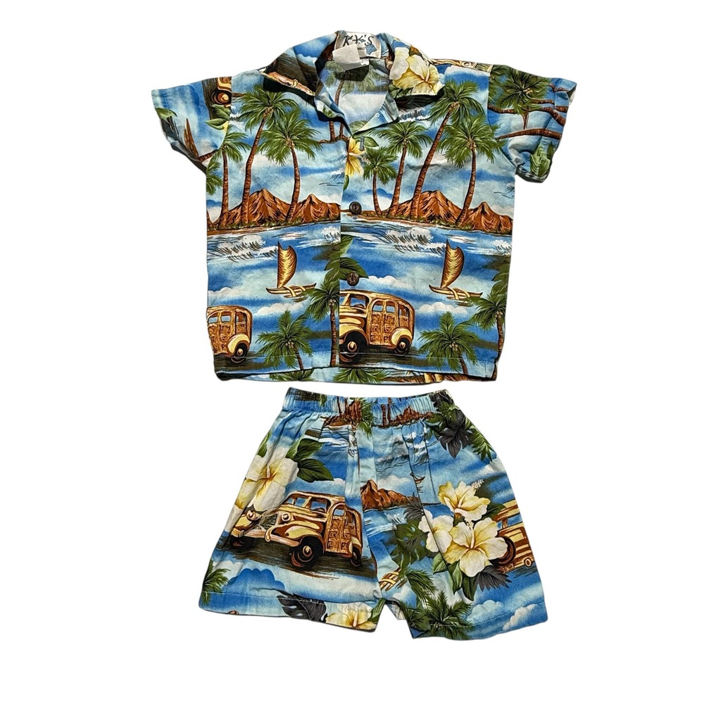 Vintage KY'S Hawaii Kids Hawaiian Shirt and Shorts Set Blue Woody‎ Car Y2K 1